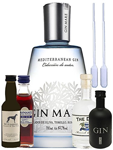Gin Probierset 4cl Windspiel Dry Gin, 5cl Gansloser Black Gin, 5cl Hayman Slo Gin, 10cl The Duke Gin, 0,7L Gin Mare + 2 Einwegpipetten