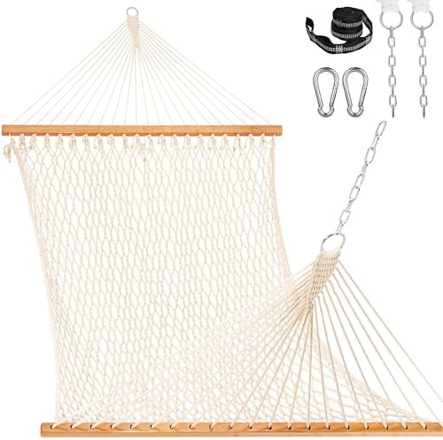 Lazy Daze Hammocks Doppelseil-Hängematten, handgewebte Baumwoll-Hängematte für 2 Personen, mit Spreizstange für draußen, Terrasse, Pool, passend für 3,5 - 4,5 m Ständer, max. 204 kg, Natur, 358,1 x