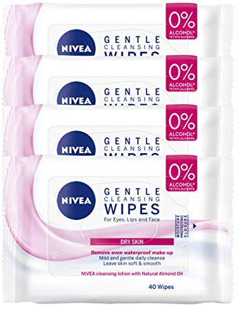 NIVEA 3 in 1 Caring Cleansing Wipes, Pack of 4 (4 x 40 wipes), Make-Up Wipes Enriched with Almond Oil, Cleansing Face Wipes