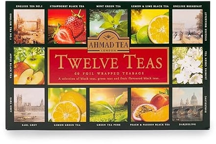 Ahmad Tea - Twelve Teas - Sortiment aus 12 Sorten Schwarztee und Grüntee mit verschiedenen Geschmackssorten - 60 Einzeln Verpackte, Aromaversiegelte Teebeutel mit Band, 120g Tee