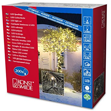 Konstsmide Micro LED Lichterkette, 200 warm weiße Dioden, 24V Außentrafo, schwarzes Kabel - 3613-110, Warmweiß
