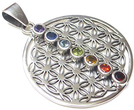 Silberschmuck - BG Chakra Anhänger, Kettenanhänger Motiv Blume des Lebens mit Chakra Steinen, Sterlingsilber, 3.0 cm Schutzsymbol