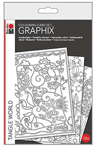 Marabu 1612000000302 - Graphix Colouring Card Set, Tangle World, ideale Grundlage für kreative Entspannung, 12 Postkarten zum Ausmalen