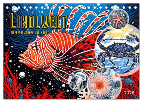 Linolwelt - Meeresbewohner und Kunst (Tischkalender 2026 DIN A5 quer), CALVENDO Monatskalender: Meerestiere im Linolschnitt - Kunst und Natur (CALVENDO Tiere)