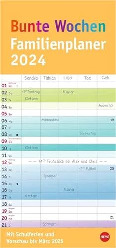 Bunte Wochen-Familienplaner 2024. Praktischer Wandplaner mit 5 Spalten. Familien Wandkalender mit Schulferien und 3-Monats-Ausblick. Terminkalender 2024.
