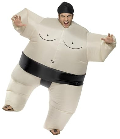 Smiffys 34501 - Herren Aufblasbarer Sumoringer Kostüm, Bodysuit unf Kopfteil, One Size, weiß Halloween