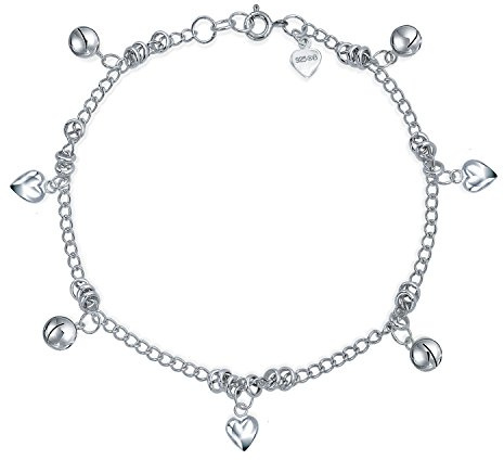 Bling Jewelry Mehrfach Jingle Bells und Herzen baumelnde Charms Fußkettchen Pattilu Indien Fußkette für Frauen Teenager .925 Sterling Silber verstellbar 9 bis 9,5 Zoll mit Verlängerung.