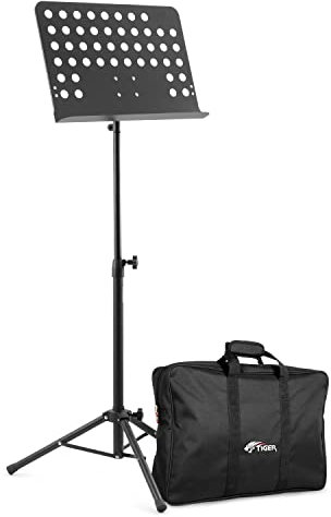 TIGER MUS7-BG Orchestral Sheet Music Stand and Bag Pack - Heavy Duty All Metal Construction - Ideal for Schools, Orchestras, and Choirs - Black