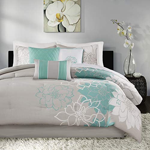 Madison Park Lola Sateen Cotton Comforter Set-Casual Medallion Floral Design All Season Down Alternative Bedding, Shams, Bedskirt, Decorative Pillows, Queen, Grey/Aqua 7 Piece