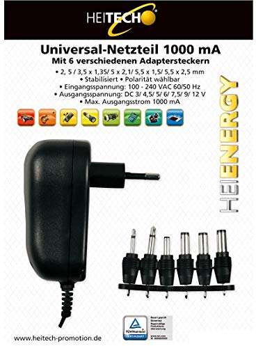 HEITECH Universal Netzteil TÜV geprüft - Netzstecker bis max. 1000mA, 3-12V regelbar, inkl. 6 Adapter Stecker - Netzadapter zur Stromversorgung vieler Elektrokleingeräte