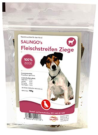 SALiNGO Fleischstreifen Ziege für Hunde, der getreidefreie Kausnack, luftgetrocknete Ziegenfleisch Kaustreifen, hypoallergen, getreidefrei, zuckerfrei, 100g