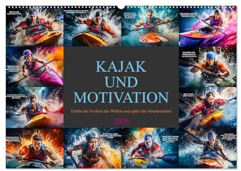 Kajak und Motivation (Wandkalender 2026 DIN A2 quer), CALVENDO Monatskalender: Geniale Bilder und ermutigende Zitate, die Sie dazu anregen, Ihre Ziele ... zu überwinden. (CALVENDO Sport)