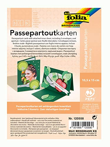 folia 120558 - Passepartouts mit ovaler Stanzung, ca. 10,5 x 15 cm, 5 Karten (220 g/qm) und Kuverts, tannengrün - ideal für Einladungen, Glückwunsch- oder Grußkarten