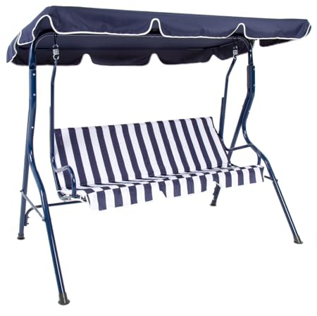 CHARLES BENTLEY 2-3 Seater, Garden, Patio, Outdoor, Swing Seat Hammock Chair, Blue, White Striped, Weatherproof, Swinging Function, Thick Seat, Back Cushion, Steel Frame, Easy To Use (173x111x154cm)