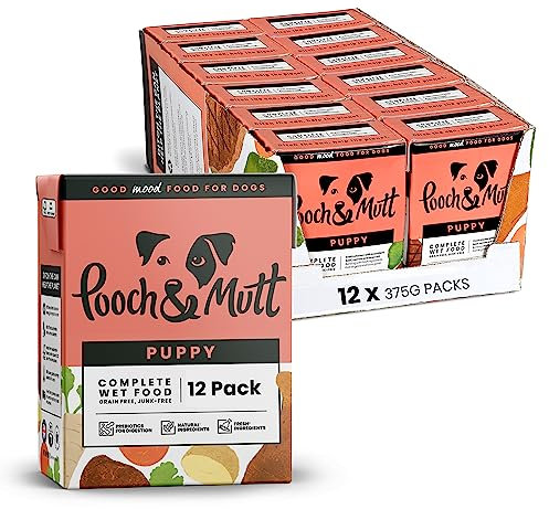 Pooch & Mutt - Puppy Specific Pack of Complete Wet Dog Food, Dry Dog Food Topper, 12x375g