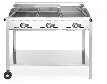 HENDI Grillsystem Green Fire 3 Brenner, mit Emaillierte Grillplatte aus Gusseisen und Rost GN 1/1, nur für Verwendung im Aussenbereich, 1078x612x(H)825mm, 17,4kW, Edelstahl 18/0