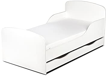 Leomark Einzelbett aus Holz - White - Kinderbett mit Schubladen für Bettwäsche, Holzbett mit Matratze + Lattenrost, Komplett Set, Liegefläche 70/140 cm
