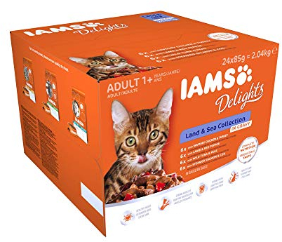 IAMS Delights Land & Sea Collection Katzenfutter Nass - Multipack mit Fleisch und Fisch Sorten in Sauce, Nassfutter für Katzen ab 1 Jahr, 24 x 85 g
