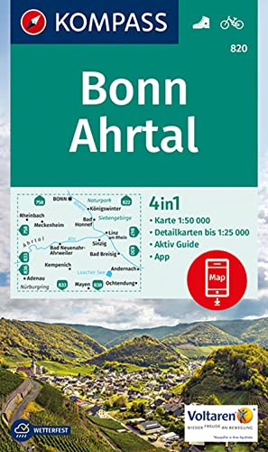 KOMPASS Wanderkarte 820 Bonn, Ahrtal 1:50.000: 4in1 Wanderkarte mit Aktiv Guide und Detailkarten inklusive Karte zur offline Verwendung in der KOMPASS-App. Fahrradfahren.