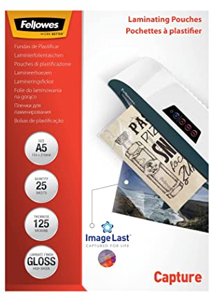 Fellowes Laminierfolien A5 ImageLast, 125 Mikron (2 x 125 Mikron), 25 Stück, transparent mit Ausrichtungshilfe. Ideal für Fotos und Informationshinweise mit optimalem Kontrast