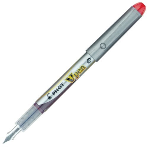 Pilot VPen Disposable Fountain Pen Silver Barrel 0.58 mm Tip - Red, Box of 12