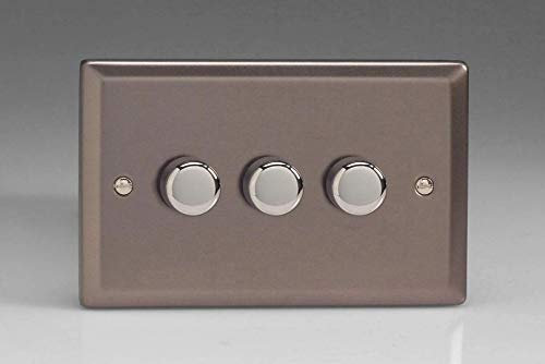 Varilight 3-Gang 2-Way V-Pro Push On/Off Rotary LED Dimmer 3 x 0-120W (Twin Plate) Pewter
