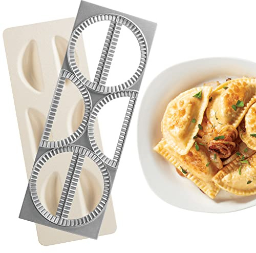 Pierogi Maker by Cucina Pro - Includes Tray and Press - Makes 6 Dumplings, Potstickers, or Peirogis at a time | Stainless Steel Durable Construction, Portable Set Easy to Use- Homemade Cooking Essential for Empanadas, Potstickers & More