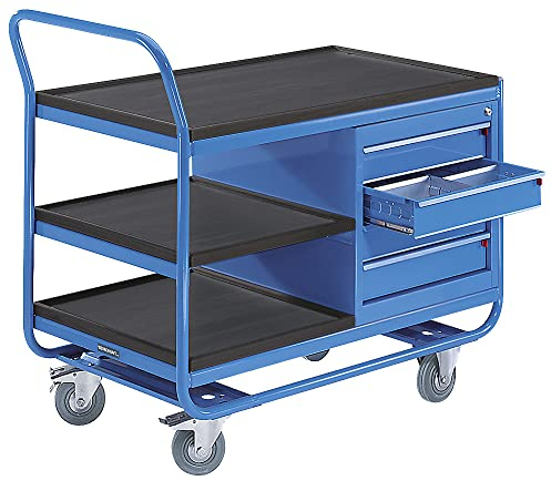 eurokraft | pro | Industrie-Tischwagen | 3 Etagen | 1 Schubladenschrank | Vollgummireifen spurlos