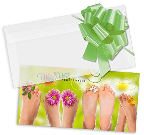 GESCHENKGUTSCHEINcom by POS-HAUER. Gutschein-Set. 10x Gutschein + Kuvert + Schleife. Für Fußpflegepraxis Podologie, Fußpflegegutschein, blanko zum selber Ausfüllen.