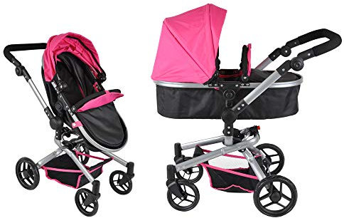 Bandits & Angels Puppenwagen Black Angel 2-in-1 ab 3 Jahren – Puppenwagen – Für Mädchen – Verstellbare Schiebestange 48-81 cm – Vollständig zusammenklappbar – Mit Einkaufskorb