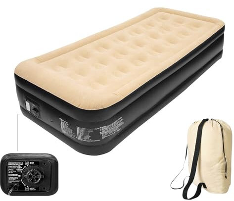 Trendi Inflatable HIGH Pillow Raised Single Flocked AIR Bed Mattress AIRBED with Built in Electric Pump