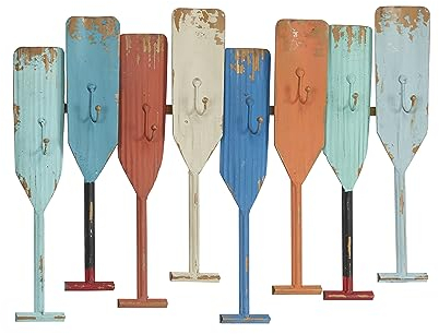 Deco 79 Metall-Paddel-Wandhaken für den Innen- und Außenbereich in Distressed-Ruderform mit 8 Aufhängern, 66 x 2,5 x 50,8 cm, mehrfarbig