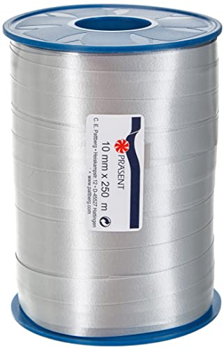 C.E. PATTBERG Geschenkband silber, 250 Meter Ringelband 10 mm zum Basteln, Dekorieren & Verpacken von Geschenken zu jedem Anlass