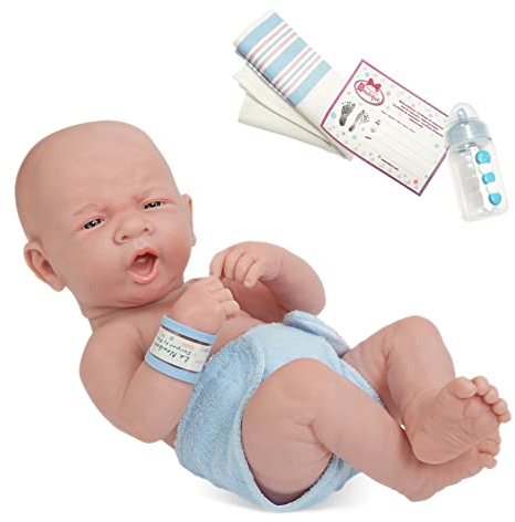JC Toys 18504 18502 La Newborn Babypuppe First Tear Puppe in Windel mit Flasche und Decke. Geschlossene Augen Echter Junge, blau, 35,56 cm