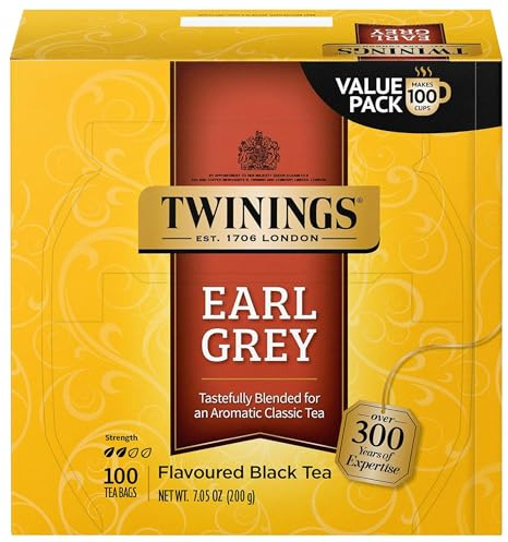Twinings of London Earl Grey Black Tea Bags, 100 Count | Classic Tradition, Black Tea with Citrus, Naturally Caffeinated, 100 Foil Lined Individually Wrapped Bags, Enjoy Hot or Iced