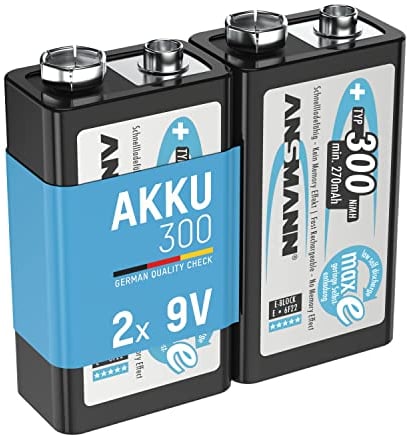 ANSMANN Piles 6LR61 9V 300 mAh NiMH rechargeables (lot de 2) – Bloc alimentation 9V à faible autodécharge et haute capacité – Piles 9V idéales pour détecteur de fumée, jouets, radios, etc.