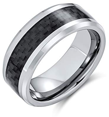 Bling Jewelry Geometrisches Muster Grau Schwarz Carbonfaser Inlay Paare Titan Ehering Ringe Für Männer Für Frauen Kompfort Fit 8Mm