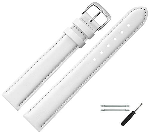 MARBURGER Uhrenarmband 14mm Leder Weiss Silber XL Glatt Mit Naht - Montage Set 6601420000120