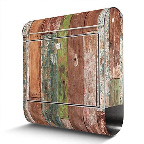 banjado® Briefkasten Edelstahl mit Motiv Buntes Holz 38x43x12cm & 2 Schlüssel - rostfreier Edelstahl Briefkasten mit Zeitungsfach - Postkasten A4 Einwurf inkl. Montagematerial