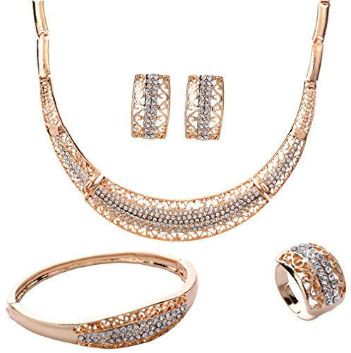 YAZILIND Gold überzogene Hohle Halskette Ohrringe Armband Ring Strass Brautschmuck 4 Stück Schmuck Set