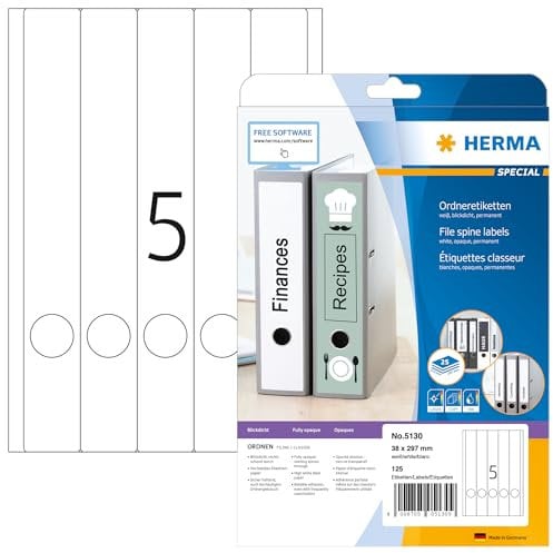 HERMA 5130 Ordnerrücken Etiketten lang schmal, 25 Blatt, 38 x 297 mm, 5 pro A4 Bogen, 125 Stück, selbstklebend, bedruckbar, blickdicht, blanko Papier Ordneretiketten Rückenschilder Aufkleber, weiß