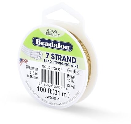 Beadalon 7 Strand Bead Stringing Wire, 0.018 in / 0.46 mm, Gold Color, 100 ft / 31 m