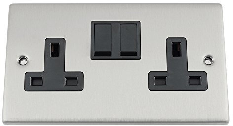 Socket 2 Gang - Satin Matt Chrome - Square - Black Insert Plastic Switch - 13A Double Wall Plug Socket