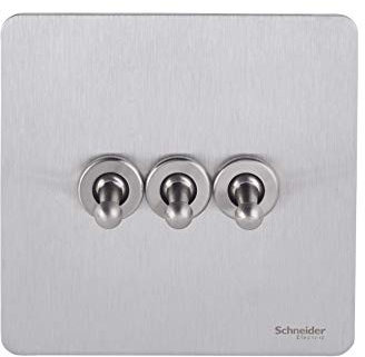 Schneider Electric Ultimate Screwless Flat Plate - 3 Gang Toggle 2 Way Light Switch, Single Pole, 16AX, GU1432TSS, Stainless Steel