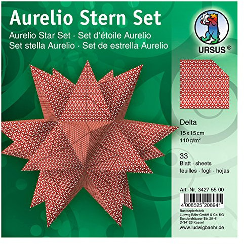 Ursus 34275500 - Faltblätter Aurelio Stern Delta, weiß / rot, 33 Blatt, aus Shimmer Papier 110 g/qm, ca. 15 x 15 cm, Vorderseite mit Veredelung, ideal als Weihnachtsdeko