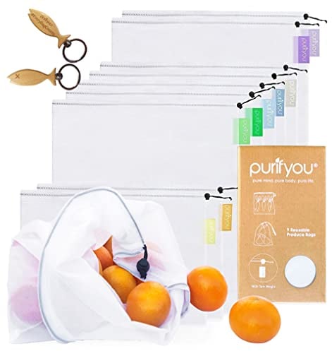 purifyou Reusable Grocery & Produce Mesh Bags with Pastel Color Coded Tare Weight Tags. for Grocery Shopping, Fruits, Veggies, and Snack Bags - Small, Medium, Large (Set of 9)