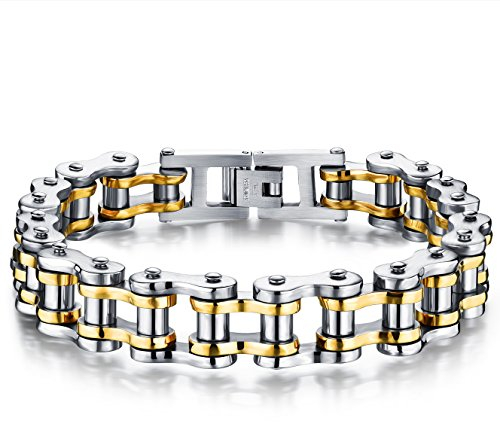 JewelryWe Mens Stainless Steel Punk Rock Mechanical Style Bicycle Biker Chain Bracelet List Wrist, Silver Golden