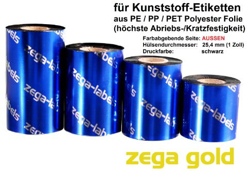 zega-labels Thermotransfer Farbband 60 mm x 300 m - zega gold (Harz Kratzfest) - Farbseite AUSSEN - Ribbon für Zebra ZT-Serie/ZD421T - 1 Zoll Kern Ø 25 mm - für PE-Folie PP-Folie PET Polyesterfolie