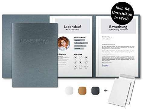 5 Stück 3-teilige Bewerbungsmappen Zink Metallic - inkl. 5 Versandumschläge in Weiß - Premium-Qualität mit hochwertiger Prägung BEWERBUNG - direkt vom Hersteller STRATAG