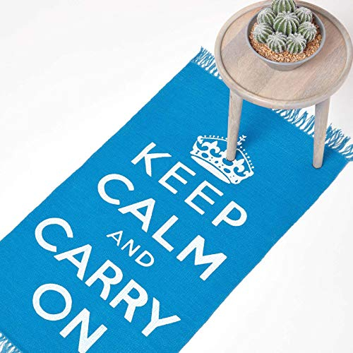Homescapes Webteppich Keep Calm and Carry On blau-weiß 60x100 cm, Baumwollteppich handgewebt mit Fransen, handbedruckt mit Spruch & Krone